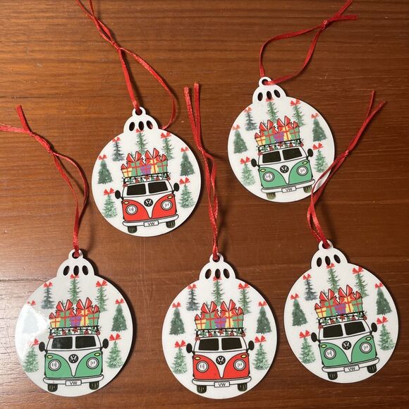 Holiday Time Other - Lot of 5 Christmas Ornaments, Volkswagen VW Round Flat Red Green, Double Sided